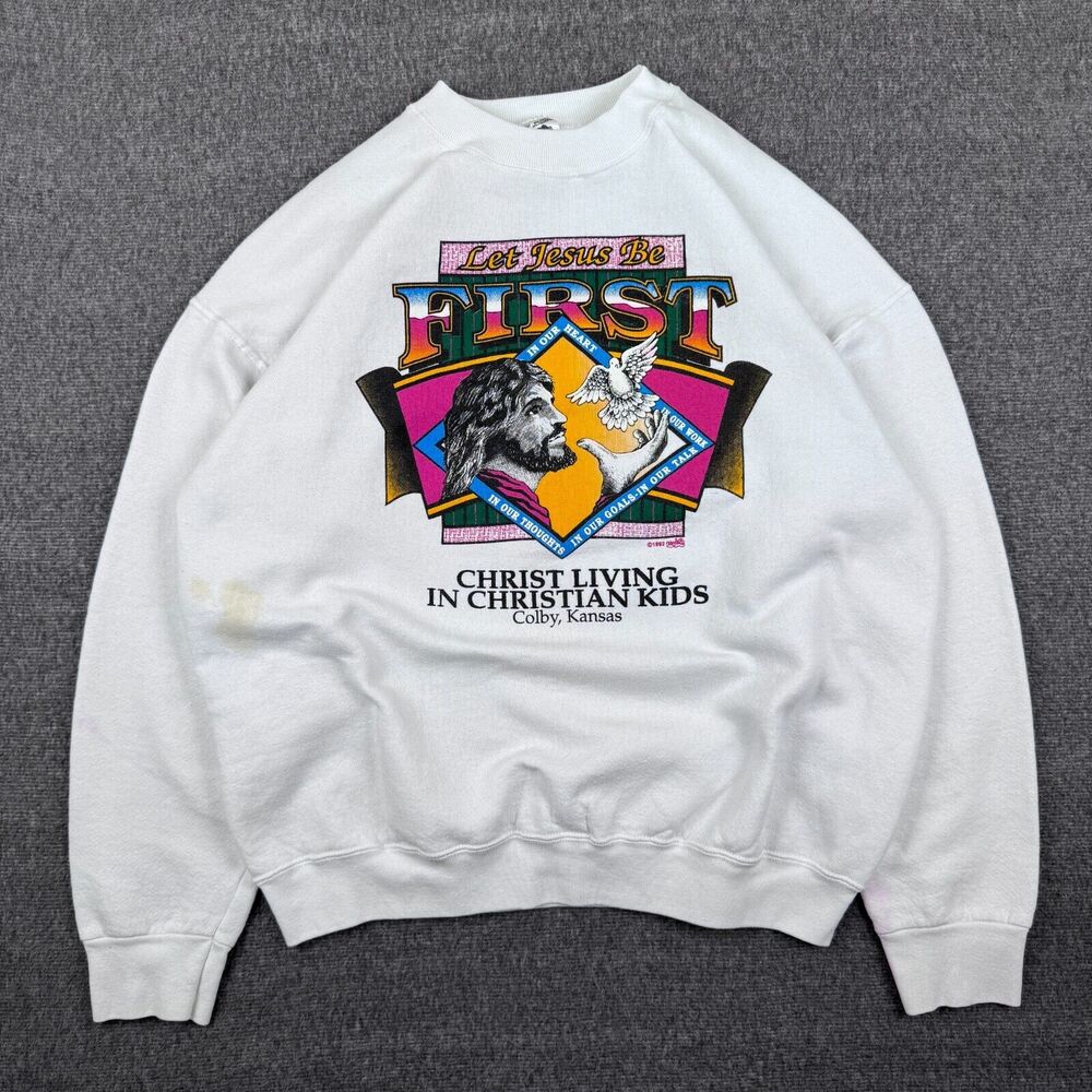 Vintage Let Jesus Be First Sweatshirt Men's XL White Religion‎ Christian God 90s